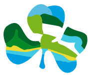 Abstract clover shape filled with layered, colourful patterns in green, blue, and yellow, resembling a landscape with hills, water, and sky.