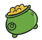 A green cauldron filled with gold coins, illustrated in a simple, cartoon style.