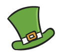 A green leprechaun hat with a white band and a yellow buckle, tilted to the side.