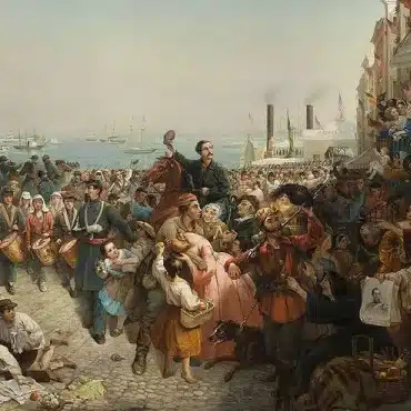 A busy 19th-century harbour scene with soldiers, musicians, women, and children gathered as ships and a steamship float in the background; reminiscent of crowds demilitarising St Patrick’s Day 1921, welcoming or bidding farewell to the troops.