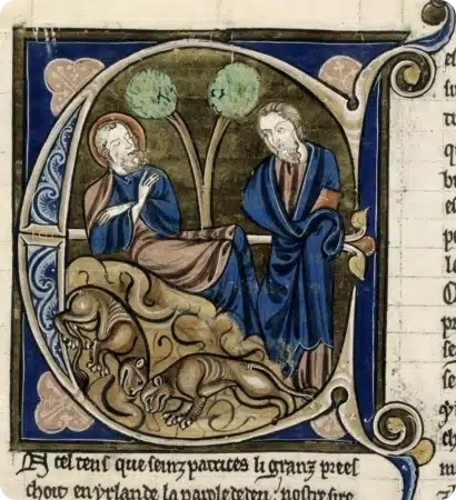 Medieval illuminated manuscript illustrates the History of St Patrick Ireland: two men in robes beside trees, one reclining and barefoot, the other standing, as two dogs lick the reclining man's feet. A decorative initial letter frames the scene.