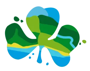 A stylised shamrock features abstract green hills, a blue river, a yellow path, and blue water droplets, capturing the spirit of nature and landscape elements—perfect for celebrating the St Patrick’s Day Festival Waterford.