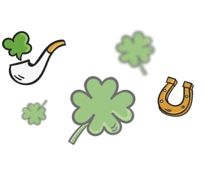 A white pipe, three green shamrocks of different sizes, and a golden horseshoe are illustrated on a transparent background, evoking the festive spirit of the St Patrick’s Day Festival Waterford.